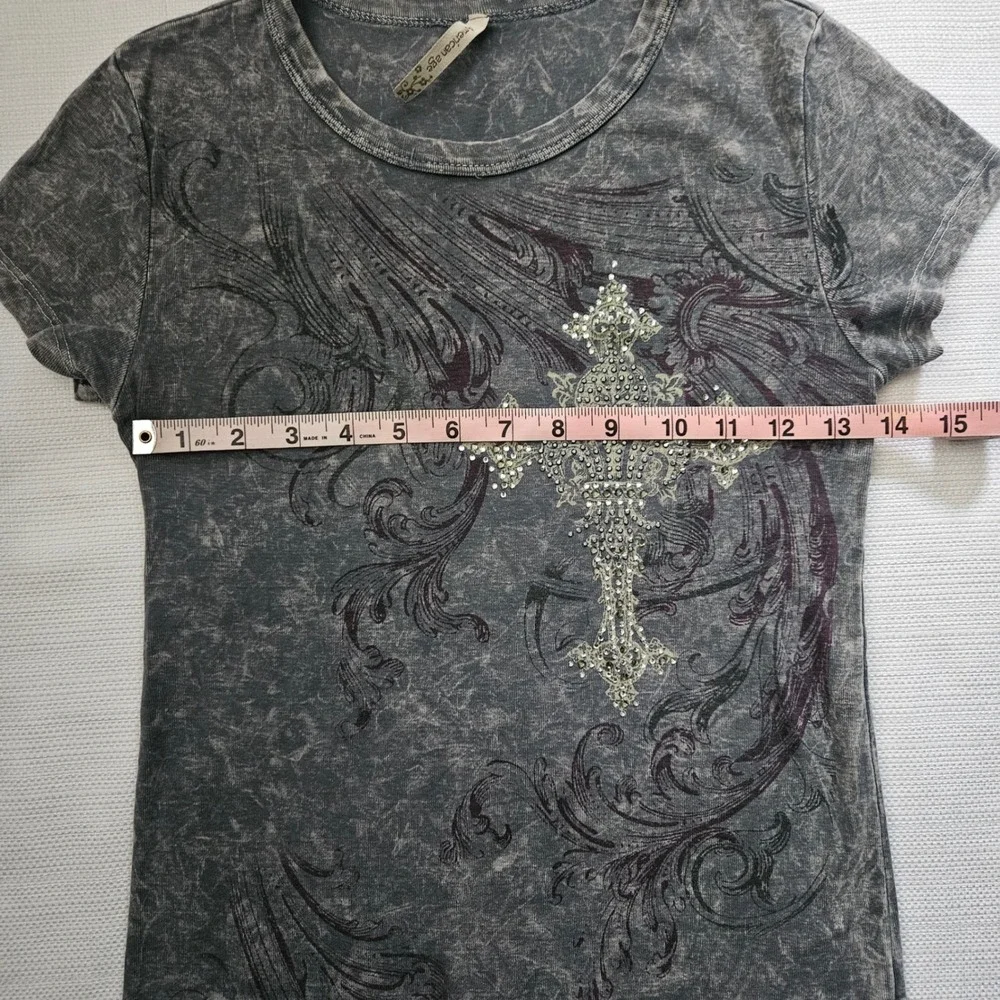 Cross Graphic T-Shirt Women Large Charcoal Wash Short sleeve Grunge - Picture 6 of 7